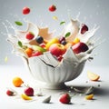 Broken porcelain bowl with fruit salad that fell with splashes. AI generated