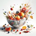 Broken porcelain bowl with fruit salad that fell with splashes. AI generated