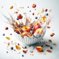 Broken porcelain bowl with fruit salad that fell with splashes. AI generated