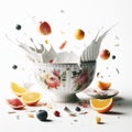 Broken porcelain bowl with fruit salad that fell with splashes. AI generated