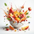 Broken porcelain bowl with fruit salad that fell with splashes. AI generated