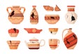 Broken pottery. Old damaged ancient ceramic vase pot urn plate jug mug, vintage cracked clay utensil assortment cartoon Royalty Free Stock Photo