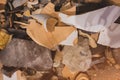 Broken pottery shards among stones Royalty Free Stock Photo