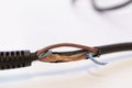 Broken power cord for home electrical appliances, electric tools. Damaged cable insulation. Close-up, soft focus Royalty Free Stock Photo