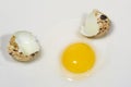 Broken quail egg with shell on the white plate Royalty Free Stock Photo
