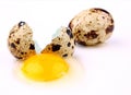 Broken quail egg on white background Royalty Free Stock Photo