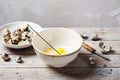 Broken quail eggs in a bowl Royalty Free Stock Photo