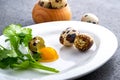 Broken quail eggs with parsley on the white table Royalty Free Stock Photo