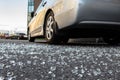 Broken rear glass of car spread fragments of glass on asphalt Royalty Free Stock Photo