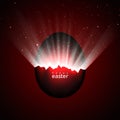 Broken red easter egg and universe. Rays of light and space with stars from cracks in an easter egg on a dark background. Vector Royalty Free Stock Photo