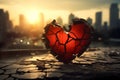 Broken red heart on cracked dark background against blurred city view with bright sunlight. Selective focus. Separation Royalty Free Stock Photo