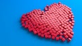 Broken red heart of cubes on blue background. Pixel heart. Love and Valentine Day concept. Isolated. 3d rendering