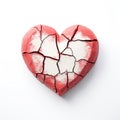 A broken red heart on a white surface. Generative AI image. Broken heart. Royalty Free Stock Photo