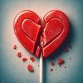 Broken Red Lollipop Heart, Conveying the Concept of Unrequited Love or Divorce. Generative ai for illustrations