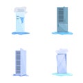 Broken refrigerator icons set cartoon vector. Damaged fridge with water flowing Royalty Free Stock Photo