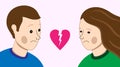 Broken relations concept vector illustration. Cartoon couple with sad faces looking at broken heart Royalty Free Stock Photo