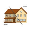 Broken and repaired house. Home before and after repair. Renovation building. Old abandoned dilapidated and new suburban Royalty Free Stock Photo