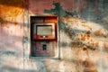 Broken retro ATM machine in outdoor wall Royalty Free Stock Photo