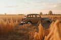Broken retro car in golden wheat field. Generate ai