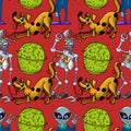 Broken robot, funny dog, alien seamless pattern