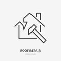Broken roof, roofing flat line icon. House construction sign. Thin linear logo for home repair services Royalty Free Stock Photo