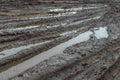 A broken rural country road after the rain. Puddles after rain on a dirt road. Clay, soil and puddles at cloudy day Royalty Free Stock Photo