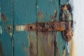 A broken rusting door hinge on a painted wooden door, paint peeling off the wood Royalty Free Stock Photo
