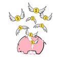 A broken saving money piggy bank, Dollars money coins with wings flying away. An overspending illustration idea for losing money, Royalty Free Stock Photo