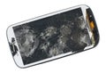 A broken screen of modern phone. This device was wiped from a p