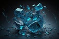 Broken and shattered blue ice cubes on dark background. Generative AI