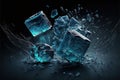 Broken and shattered blue ice cubes on dark background. Generative AI