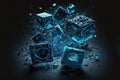 Broken and shattered blue ice cubes on dark background. Generative AI