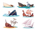 Broken ship. Damaged sailor boats swim accident crash brigantine exact vector cartoon ship illustrations