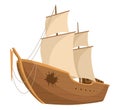 Broken ship icon. Cartoon wooden battered ship with tattered board after wreck or attack. Destroyed, wreck ship isolated