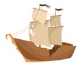 Broken ship icon. Cartoon wooden battered ship with tattered flag and sails after wreck or attack. Destroyed, wreck ship