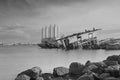 Broken ship at sea landscape black and white Royalty Free Stock Photo