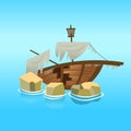 A broken ship in the sea. Vector illustration in cartoon style Royalty Free Stock Photo