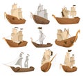 Broken ships icons set. Cartoon wooden battered ships with tattered flag and sails after wreck or attack. Destroyed
