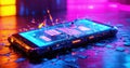 Broken smartphone with cracked neon screen, digital glitch effect, cyberpunk aesthetic. Futuristic technology failure Royalty Free Stock Photo