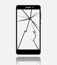 Broken smartphone with cracked touch screen, cell phone flat icon pictogram with reflection and shadow isolated on white