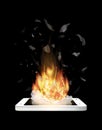 Broken smartphone explosion with burning fire