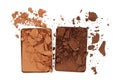 Broken and smashed make-up eyeshadow pallete on white background, top view Royalty Free Stock Photo