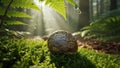 Broken Snail Shell Resting on Moss in a Forest with Ferns and Sunlight Royalty Free Stock Photo