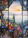 Broken stained glass window. Hand drawn fantasy illustration. Watercolor painting