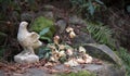 Broken statuette of a bird and bouquet of wilted flowers