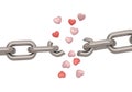 Broken steel chain links with hearts on white background. 3D illustration