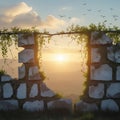 Broken Stone Wall Framing a Distant Mountain Landscape at Sunset ancient architecture Royalty Free Stock Photo