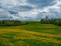 Broken summer clouds over countryside fields and meadows in summer with yellow flowers Royalty Free Stock Photo