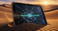 Broken tablet with authentication token message on cracked screen abandoned in desert sunset landscape showing technology failure Royalty Free Stock Photo
