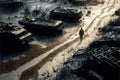 Broken tanks during war, soldier walking on battlefield, generative AI